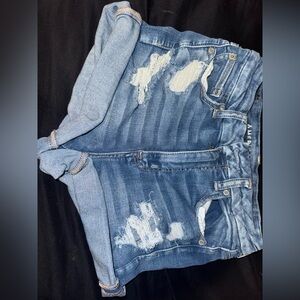 American Eagle Outfitters Distressed Rolled-Hem Denim Shorts - Light Blue